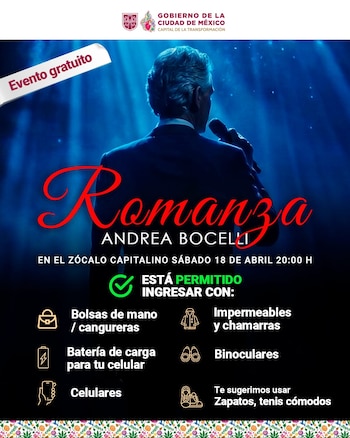 Póster promocional del concierto 'Romanza' de Andrea Bocelli. Muestra al tenor de espaldas con micrófono bajo luces azules, detalles del evento gratuito en Zócalo, fecha y hora