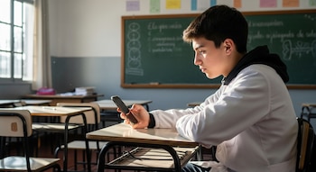 Estudiante adolescente con guardapolvo blanco sentado en un pupitre. Sostiene un teléfono celular. Un aula con pizarra y una ventana soleada.