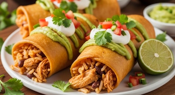 Chimichangas doradas con relleno de pollo, arroz y frijoles en un plato blanco, decoradas con crema agria, guacamole, tomate y cilantro, junto a media lima.