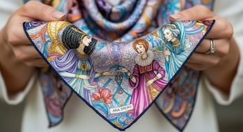 Primer plano de unas manos sosteniendo un pañuelo de seda de Ana Spero con un diseño artístico de tres figuras femeninas históricas y motivos florales coloridos.