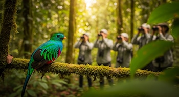 Un ave verde y azul con pecho rojo se posa en una rama musgosa, mientras cuatro investigadores desenfocados con binoculares la observan al fondo en un bosque.