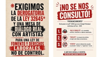Dos carteles sobre fondo claro. El izquierdo tiene texto negro y rojo. El derecho incluye texto rojo y negro, con tres íconos numerados y subtítulos