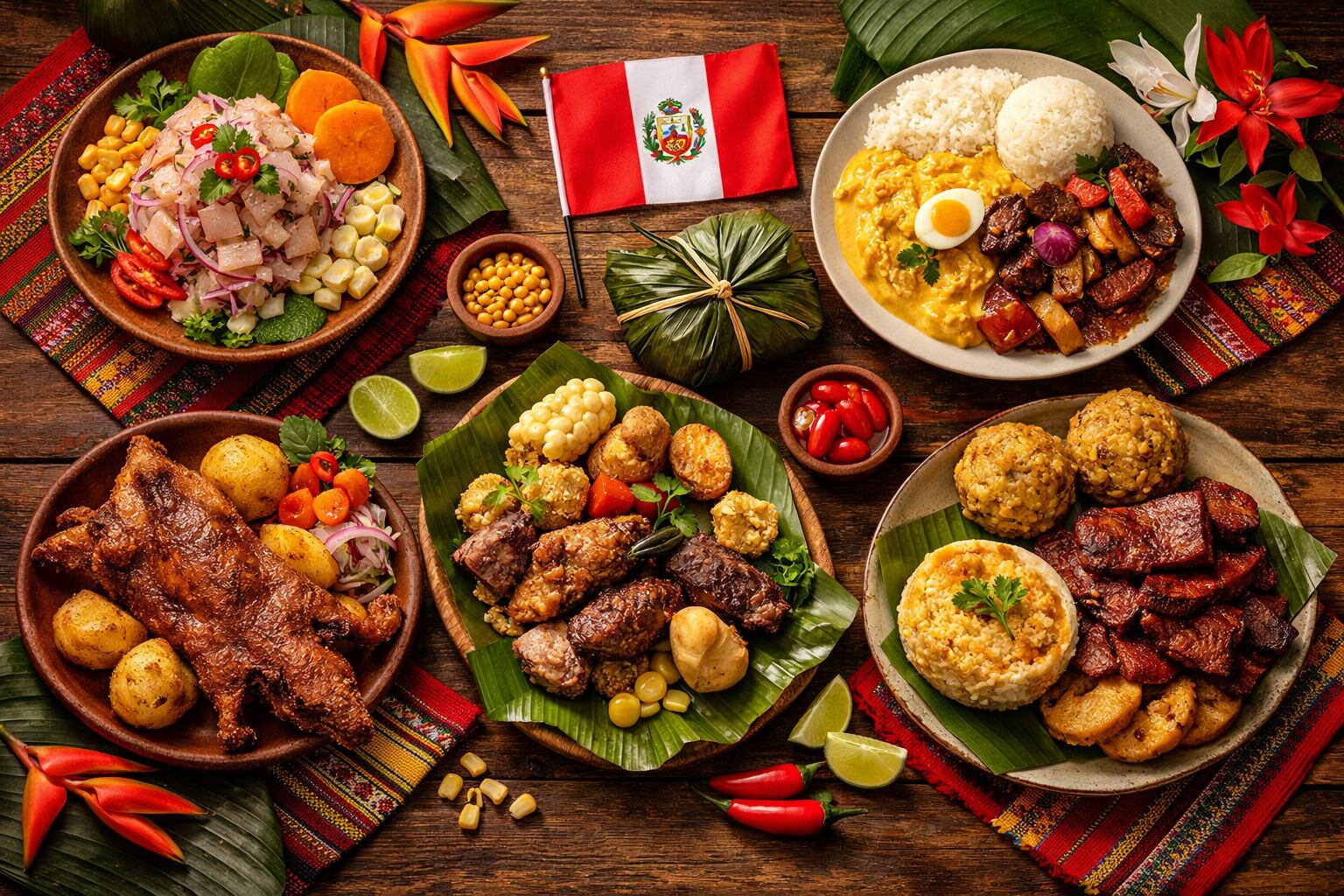 Una mesa rústica de madera presenta una selección de platos bandera de la gastronomía peruana, con una bandera nacional y elementos decorativos, resaltando la diversidad culinaria del país. (Imagen Ilustrativa Infobae)