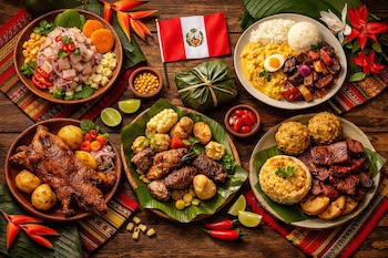 Mesa con platos de ceviche, ají de gallina, lomo saltado, cuy chactado, juanes y tacacho con cecina, bandera de Perú, limas, chiles y flores.