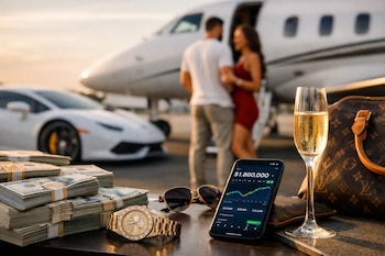 Pilas de dólares, reloj dorado, gafas de sol, teléfono con gráfico financiero, copa de champán y bolso. Al fondo, pareja con jet privado y auto deportivo.