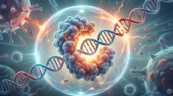 Esfera translúcida azul con luz naranja, contiene estructuras moleculares y cadenas de ADN. Varios virus y partículas rojas alrededor.