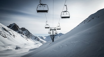 Una telesilla se extiende sobre un vasto paisaje montañoso cubierto de nieve. Múltiples sillas vacías y torres se elevan en la ladera bajo un cielo frío.