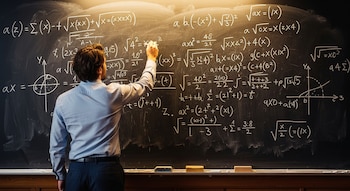 Un hombre de espaldas, vistiendo camisa azul, escribe fórmulas y ecuaciones complejas con tiza blanca en un pizarrón oscuro, iluminado desde arriba.