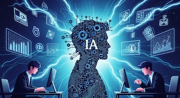 Imagen conceptual azul eléctrico. Dos hombres usan computadoras, divididos por una cabeza de circuitos con las letras IA. Gráficos y símbolos digitales flotan en el aire.