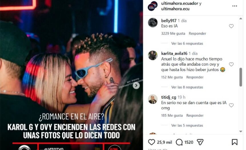 Karol G y Ovy despertaron rumores de una relación tras la publicación de un medio que aseguró que estaban juntos, sin aclarar que se trata de fotos hechas con IA - crédito captura de pantalla Instagram