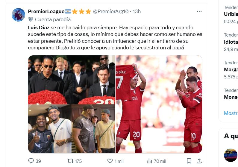 Críticas a Luis Díaz por no asistir al funeral de Diogo Jota - crédito X