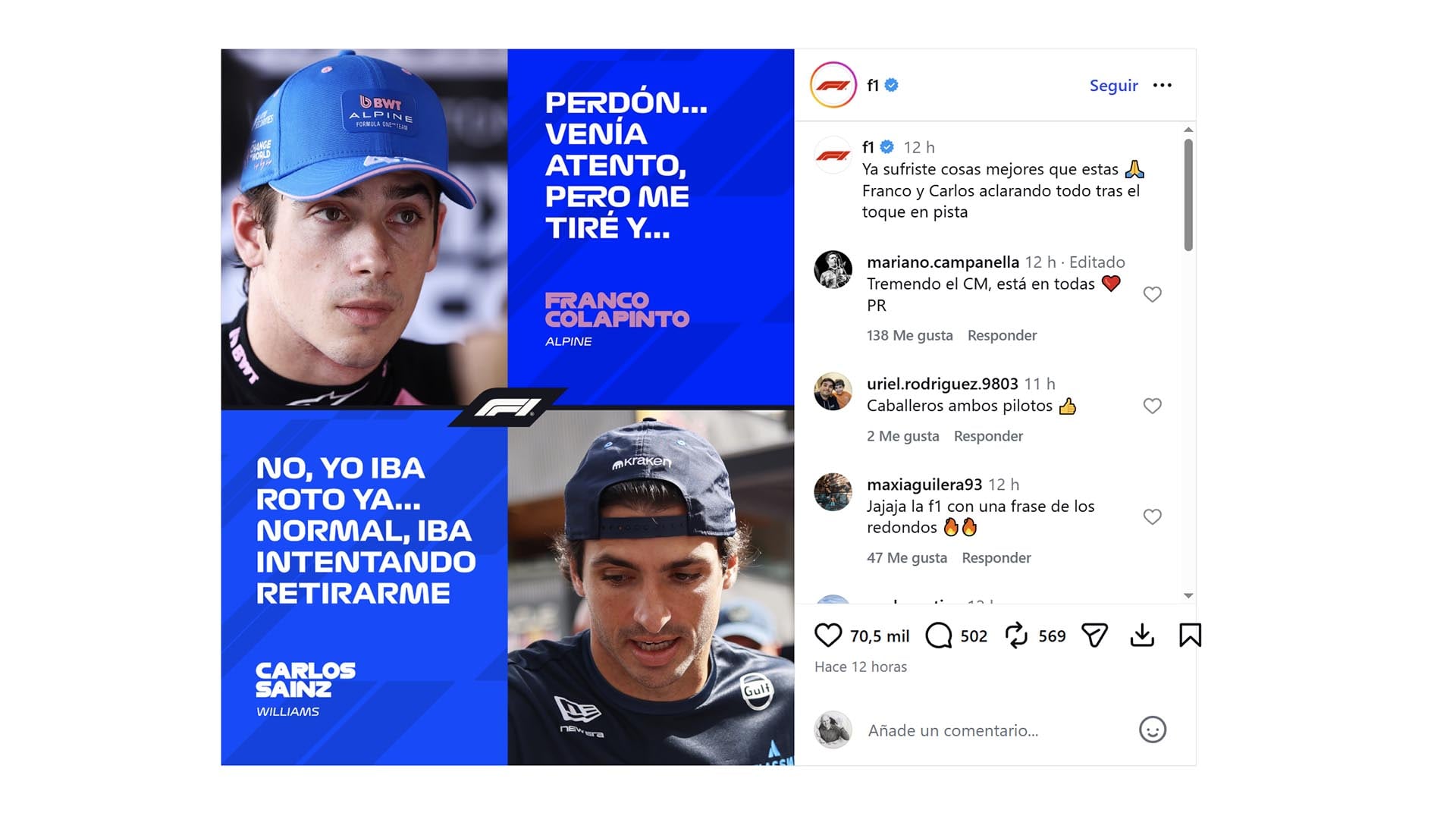 El posteo de la F1 relacionado al Indio Solari y el incidente en Mónaco entre Colapinto y Sainz (Instagram)