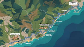 Mapa ilustrado de la costa con montañas verdes y mar azul. Ruta marcada entre las ciudades de Lloret de Mar, Tossa de Mar y Sant Feliu de Guíxols.