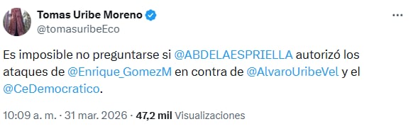 Tomás Uribe cuestionó a Enrique Gómez por críticas a Álvaro Uribe y al Centro Democrático en redes sociales - crédito @tomasuribeEco/X