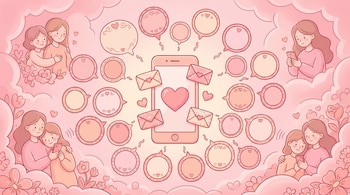 Ilustración en tonos pastel rosas: teléfono central con burbujas de mensaje y sobres, rodeado de madres e hijas sonrientes entre nubes y flores.