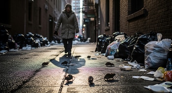 Una persona con abrigo camina por un oscuro callejón de Nueva York, mientras varias ratas se mueven entre bolsas de basura y desechos esparcidos en el suelo.