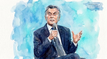 Ilustración en acuarela de Mauricio Macri, vestido con traje oscuro y corbata, hablando por un micrófono. El fondo es una mancha abstracta de tonos azules.