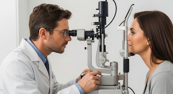 Un oftalmólogo con gafas, de perfil, examina los ojos de una paciente adulta con una lámpara de hendidura. Ambos están concentrados durante la consulta.