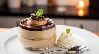 Vaso de postre de café con crema batida, cacao en polvo, granos de café y hoja de menta. Crema batida, menta y cuchara en plato blanco.