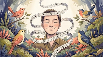 Ilustración de una persona con los ojos cerrados entre vegetación, rodeada por aves en ramas y una cinta flotante con notas musicales.