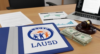 Una carpeta azul con el logo del LAUSD, fajos de billetes de cien dólares, un mazo judicial y una laptop abierta con documentos financieros sobre un escritorio de madera clara.