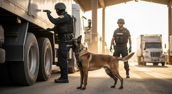 Perro detector de drogas marrón y negro, de pie, con dos agentes de seguridad inspeccionando un camión de carga grande en una frontera, con otro camión al fondo.