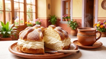 Un pan de muerto cortado y relleno de crema sobre un plato de barro con un cuchillo, junto a una taza de barro humeante sobre un mantel blanco.