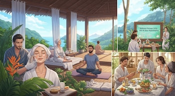Escenas de un retiro de bienestar: personas reciben tratamientos faciales, meditan en una terraza con vista al mar y comparten una comida saludable.