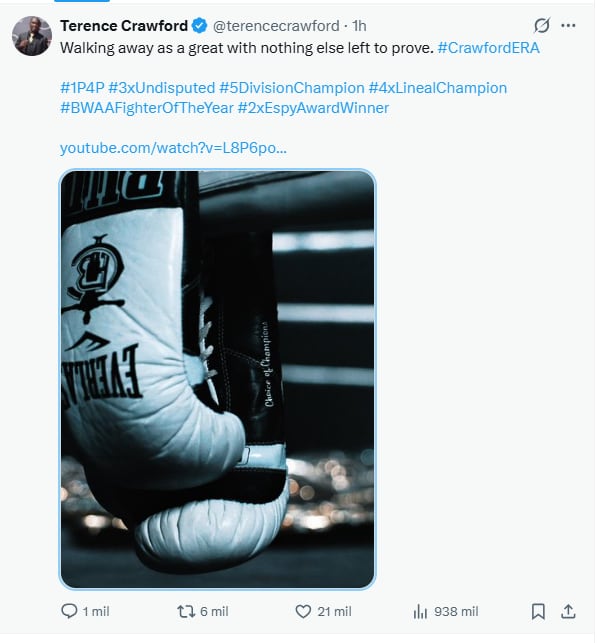 Crawford se retiró del boxeo profesional a los 38 años de edad (captura de pantalla)