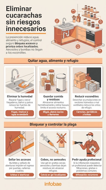Infografía con ilustraciones de una cocina, limpieza de fregadero, sellado de grietas, aplicación de cebos y un técnico con linterna.
