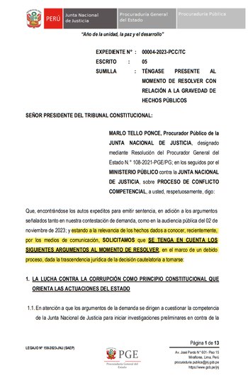Escrito de la Procuraduría Pública de la JNJ ingresado al TC.