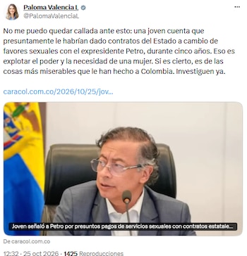 Paloma Valencia pidió investigar las denuncias sobre presuntos contratos públicos a cambio de favores sexuales - crédito @PalomaValenciaL/X