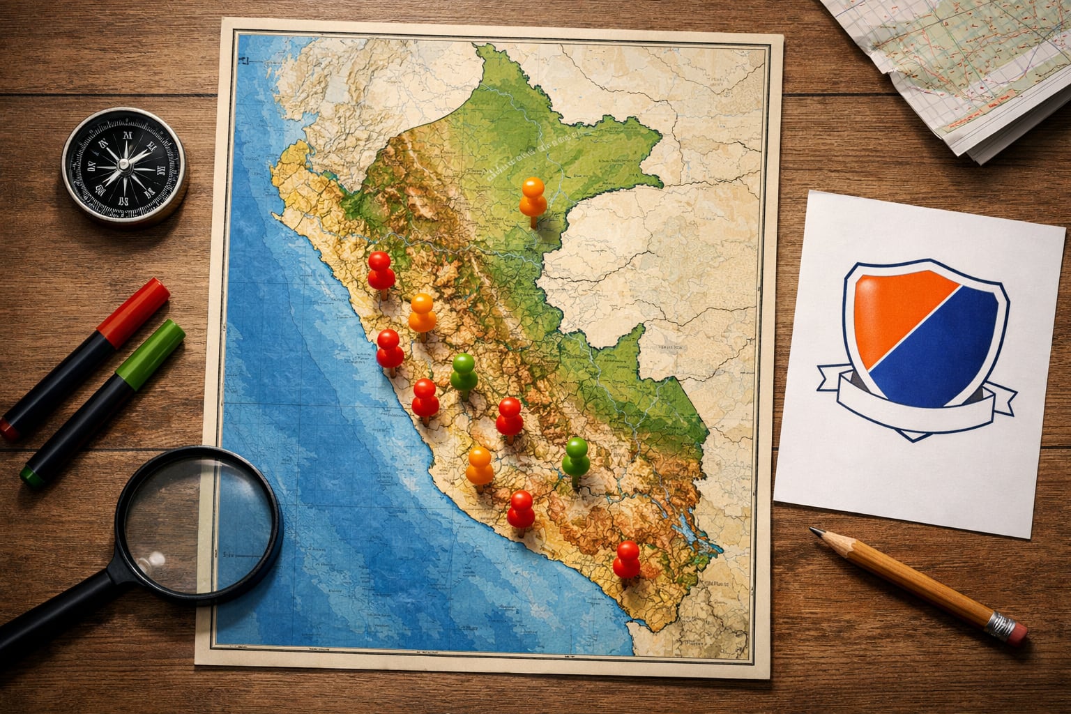 Un mapa físico-político de Perú señala con marcadores de colores las regiones de mayor actividad sísmica del país, acompañado por el logo del Indeci. (Imagen Ilustrativa Infobae)