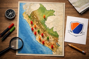 Mapa físico-político de Perú con chinchetas de colores. Brújula, lupa, dos rotuladores, un lápiz, un mapa doblado y un papel con un escudo impreso.