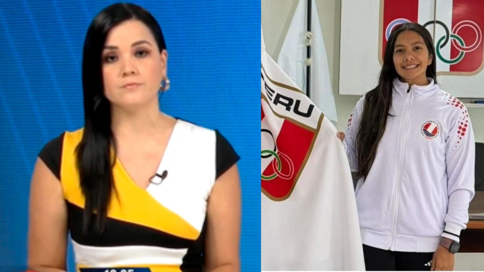 La periodista Marisel Linares aborda la trágica muerte de la deportista Lizeth Marzano en un segmento de noticias, mientras la imagen de la atleta sonriente y sosteniendo la bandera peruana acompaña la información.