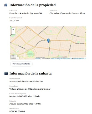 Información de propiedad con dirección, superficie, mapa con pin de ubicación. Detalles de subasta virtual con fechas y precio base