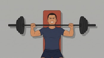 Ilustración de una persona joven con pelo oscuro recostada en un banco de gimnasio, levantando una barra con pesas, vista cenital.