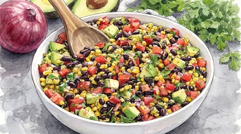 Ilustración de un tazón con ensalada de frijoles negros, maíz y aguacate, junto a una cebolla morada, medio aguacate y cilantro.