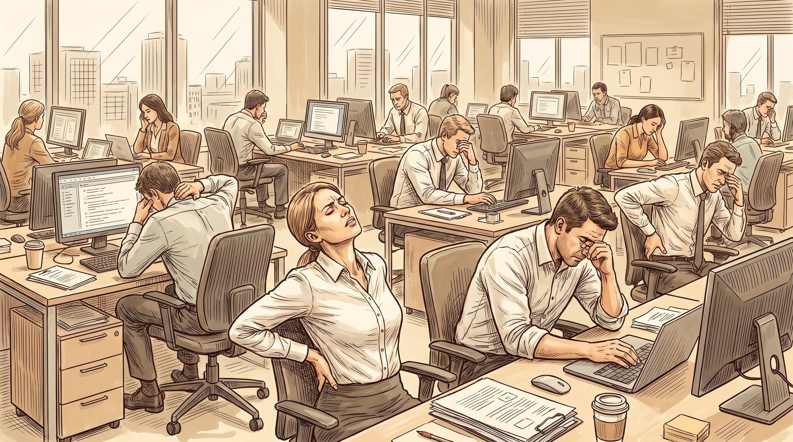 En una oficina moderna, numerosos empleados aparecen sentados frente a computadoras con expresiones de cansancio y dolor de espalda, reflejando el impacto de largas horas de trabajo. (Imagen Ilustrativa Infobae)