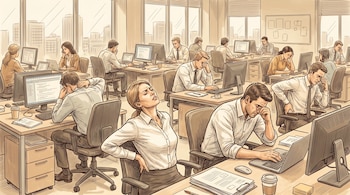 Ilustración de oficina con múltiples personas sentadas en escritorios usando computadoras. Varias se estiran o tocan la cabeza y espalda indicando dolor/cansancio.
