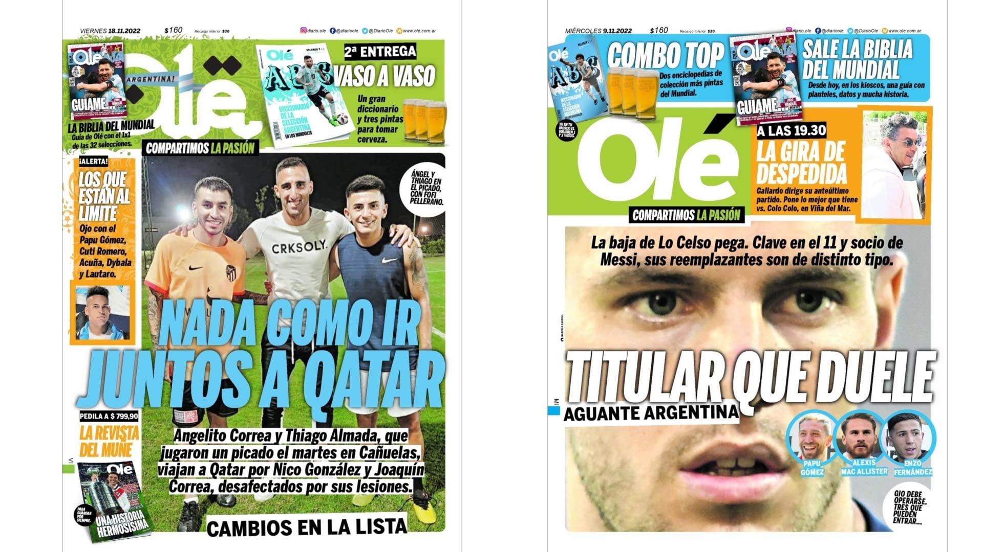 Las portadas del diario deportivo Olé detallan los cambios, lesiones y expectativas de la selección argentina de fútbol en su camino hacia el Mundial de Qatar 2022.