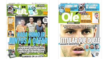 Dos portadas del diario deportivo Olé de Argentina. Muestran jugadores de fútbol y titulares sobre la selección argentina y el Mundial de Qatar 2022