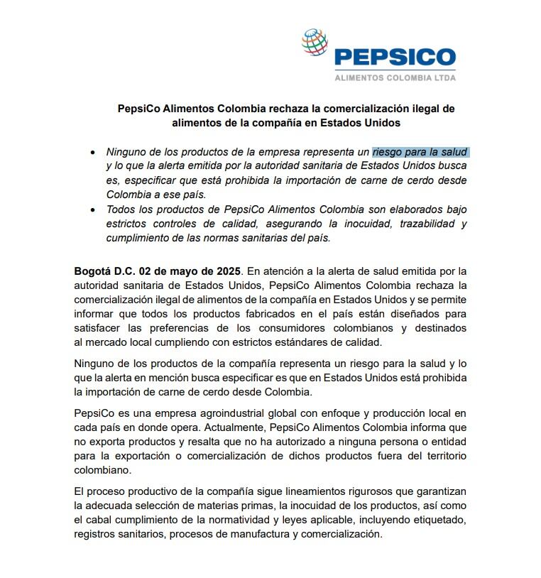 PepsiCo Alimentos Colombia subraya que no exporta a Estados Unidos y rechaza cualquier vinculación con actividades de comercialización ilegal - crédito PepsiCo