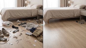 Un piso de dormitorio con ropa, zapatos, cables y polvo a la izquierda, y el mismo suelo limpio con una cama al fondo a la derecha.
