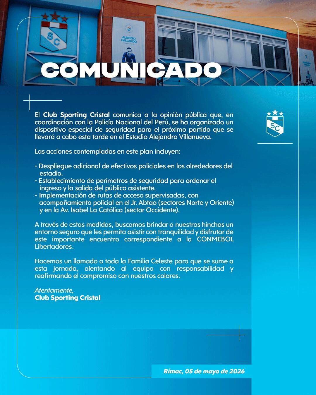El comunicado de Sporting Cristal con la información del resguardo policial para sus hinchas. - créditos: Sporting Cristal