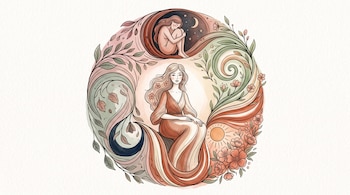 Una ilustración circular con una mujer sentada en el centro, rodeada por flores, hojas, un sol, estrellas, una luna y una figura recostada.