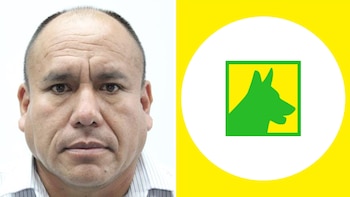 Fotografía frontal del rostro de un hombre al lado de un símbolo gráfico con la figura verde de un perro sobre un fondo amarillo