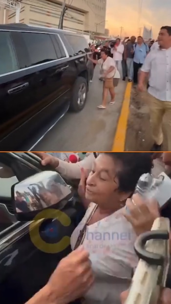 Imagen dividida. Arriba: una camioneta SUV negra en una calle, una mujer se acerca. Abajo: primer plano de la mujer junto al espejo retrovisor de la camioneta, con personas alrededor