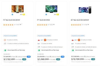 Tres paneles blancos, cada uno con una imagen de un Smart TV diferente y su descripción. Se aprecian precios y opciones de pago del Plan Canje