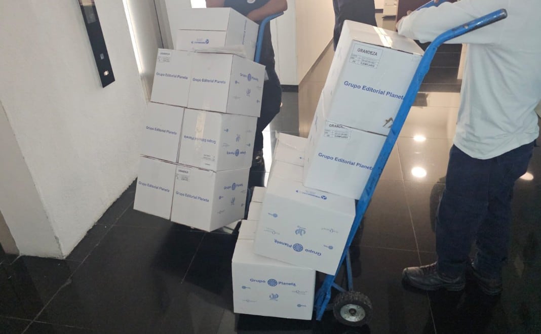 Cientos de cajas con ejemplares del libro Grandeza, del expresidente AMLO, llegaron a las oficinas de senadores de Morena. Crédito: Especial